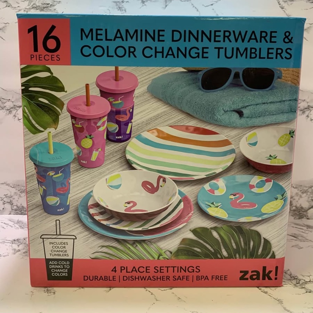 Zak Designs 16-Piece Color-Changing Tumbler Melamine Plate Bowl Dinnerware Set